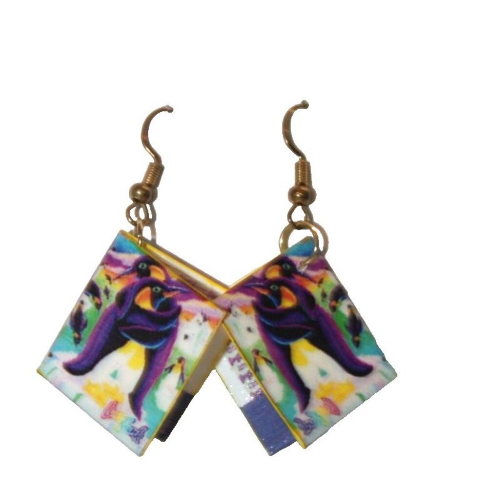 Lisa Frank Artic Penguins Earrings Square Dangle Rainbow Retro 90s Binder Folder
